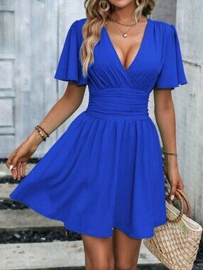 NEW Chic Ruched Waist Flutter Sleeve Short Dress Royal Blue